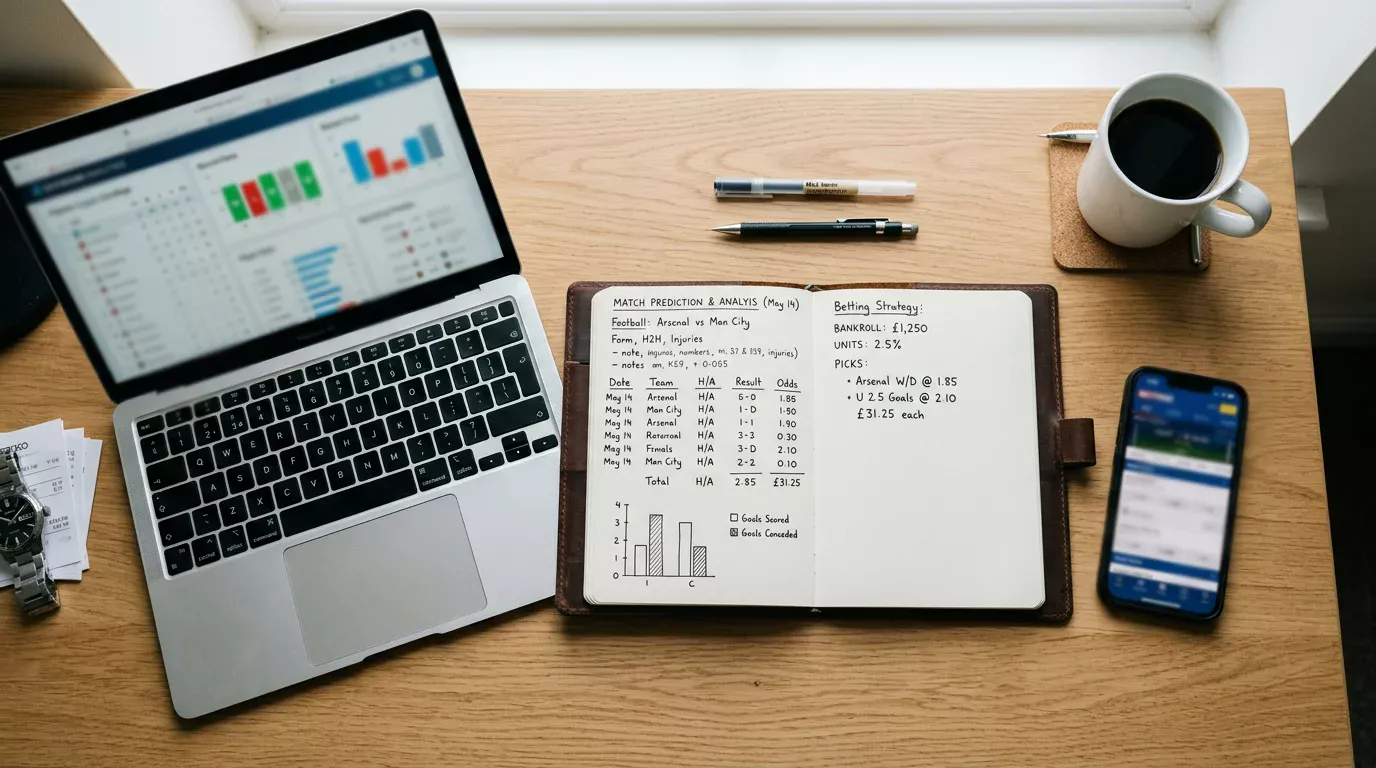 Notebook with NFL betting analysis notes and a laptop showing game statistics